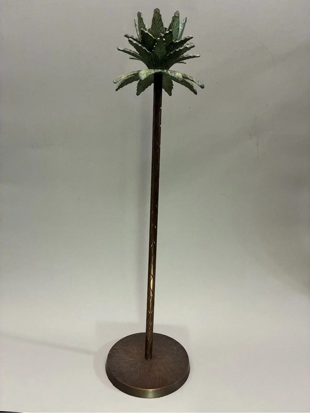 Vintage Metal Palm Tree Candlestick in Green and Bronze Height 16,5”